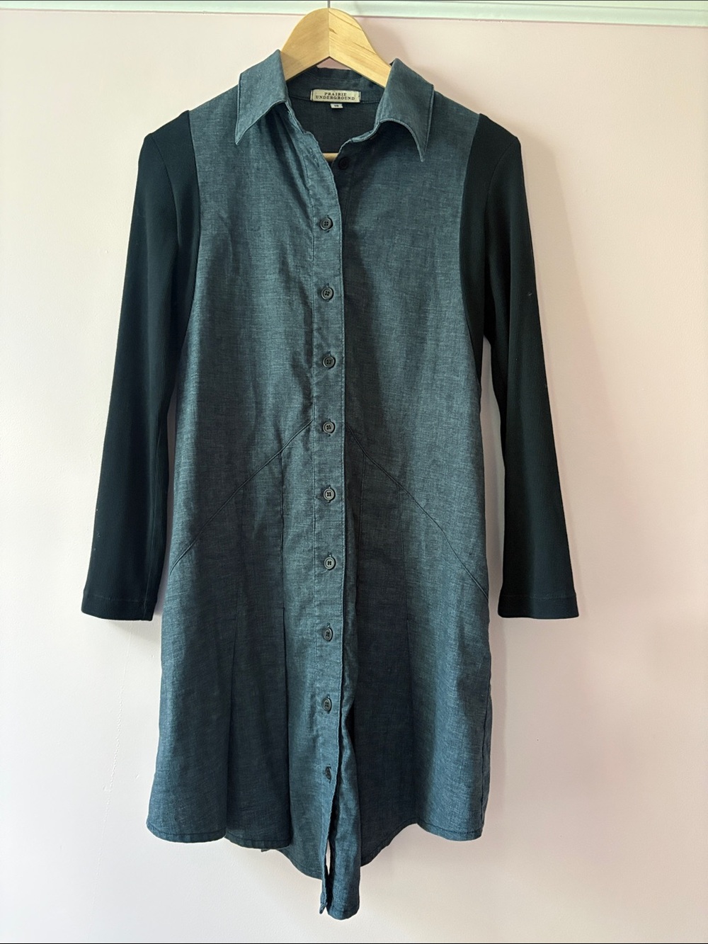 Prairie Underground chambray shirt dress with rib knit sleeves S